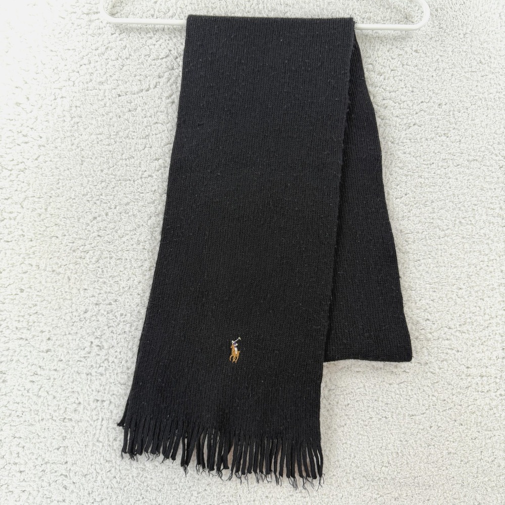 Polo Ralph Lauren Scarf Mens Unisex One Size Black Merino Wool Fringed Pony Logo